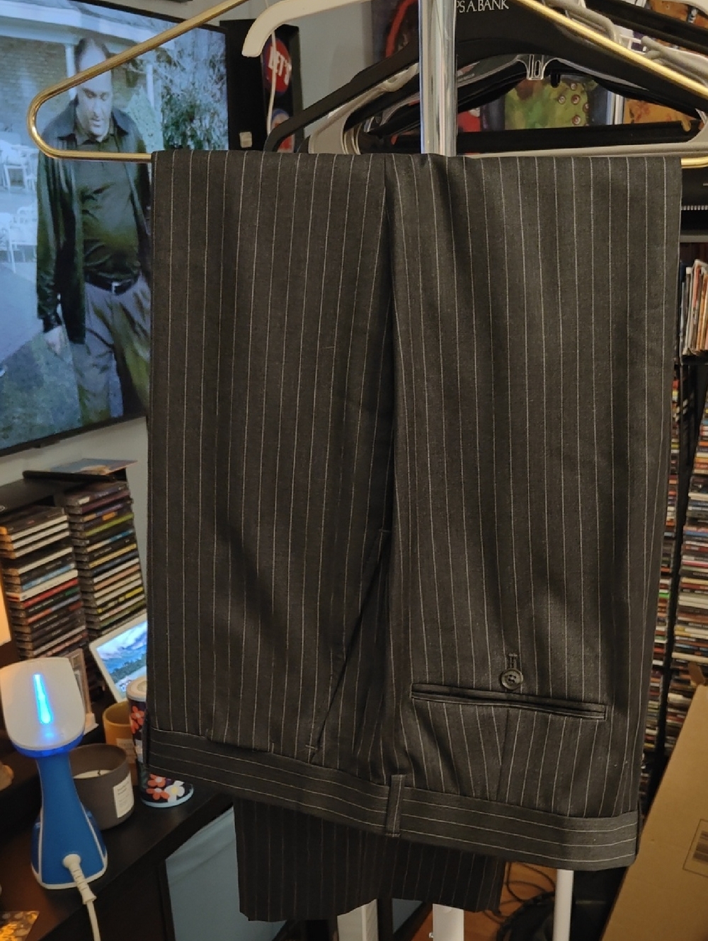 Tommy Hilfiger Mens 44x30 Black Pinstripe Dress Pants Red White Accent Trim